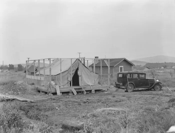 Framed Print : Family living in tent while building the house around them, near Klamath Falls, Oregon, 1939. Creator: Dorothea Lange Framed Print : Family living in tent while building the house around them, near Klamath Falls, Oregon, 1939. Creator: Dorothea Lange