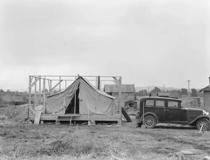 Framed Print : Family living in tent while building... near Klamath Falls, Klamath county, Oregon, 1939. Creator: Dorothea Lange Framed Print : Family living in tent while building... near Klamath Falls, Klamath county, Oregon, 1939. Creator: Dorothea Lange
