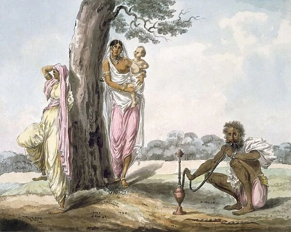 Family: Man smoking a hookah and girl doing Yoga, c1850. Creator: Indian School (19th Century)