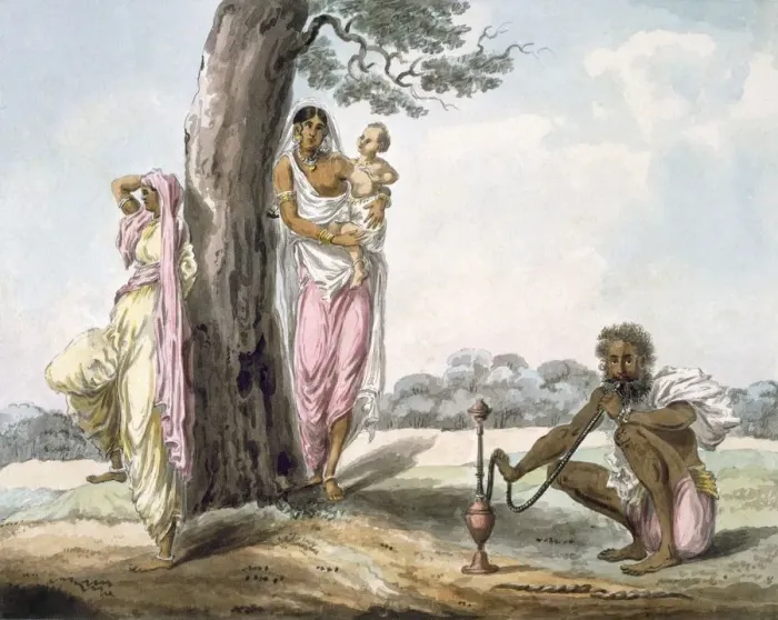 Framed Print : Family: Man smoking a hookah and girl doing Yoga, c1850. Creator: Indian School (19th Century) Framed Print : Family: Man smoking a hookah and girl doing Yoga, c1850. Creator: Indian School (19th Century)