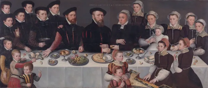 Framed Print : Family-portrait of Pierre de Moucheron, merchant in Middelburg and Antwerpen, his wife Isabeau de Ge Artist: Anonymous Framed Print : Family-portrait of Pierre de Moucheron, merchant in Middelburg and Antwerpen, his wife Isabeau de Ge Artist: Anonymous