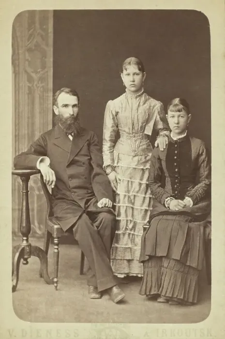 Framed Print : Family portrait of an unidentified man and his two daughters, 1885. Creator: Unknown Framed Print : Family portrait of an unidentified man and his two daughters, 1885. Creator: Unknown