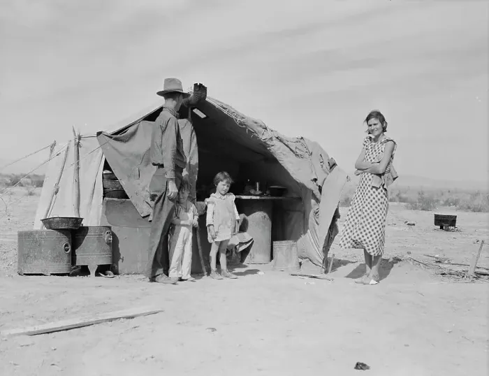 Framed Print : Family of four to be returned to Oklahoma by the Relief Administration, Holtville, California, 1937. Creator: Dorothea Lange Framed Print : Family of four to be returned to Oklahoma by the Relief Administration, Holtville, California, 1937. Creator: Dorothea Lange