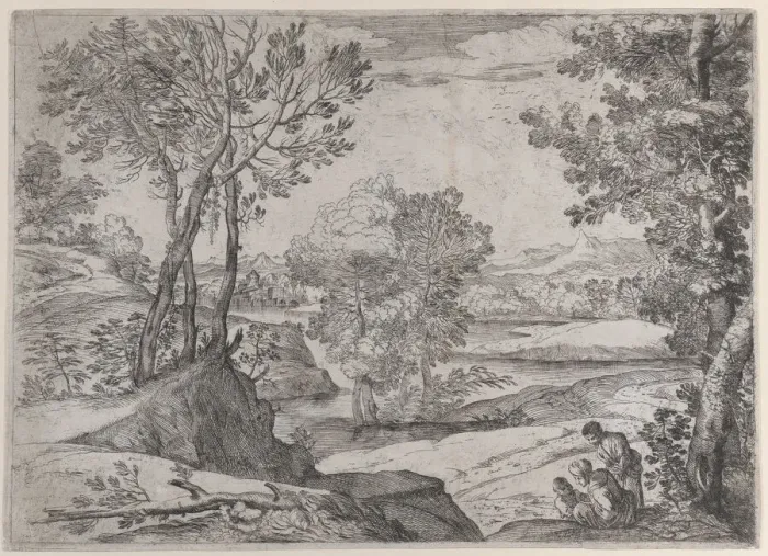 Framed Print : A family seated by a river, 1643. Creator: Giovanni Francesco Grimaldi Framed Print : A family seated by a river, 1643. Creator: Giovanni Francesco Grimaldi