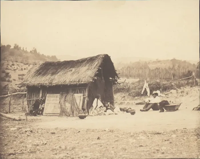 Framed Print : Family Seated by Thatched Hut, South America, 1850s. Creator: Unknown Framed Print : Family Seated by Thatched Hut, South America, 1850s. Creator: Unknown
