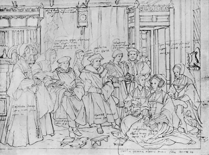 Framed Print : The More Family, from the Sketch by Holbein at Basle Museum, 1527, (1903). Artist: Hans Holbein the Younger Framed Print : The More Family, from the Sketch by Holbein at Basle Museum, 1527, (1903). Artist: Hans Holbein the Younger