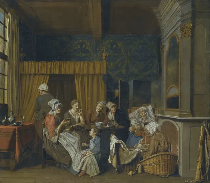 Framed Print : A family taking tea while celebrating the birth of twins. Artist: Horemans, Jan Josef, the Younger (1714-1790) Framed Print : A family taking tea while celebrating the birth of twins. Artist: Horemans, Jan Josef, the Younger (1714-1790)