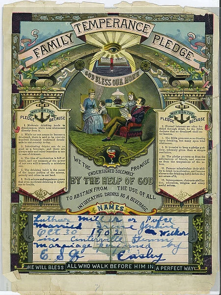 Family temperance pledge for Luther Miller Pulce and Irene Jenkins, October 30, 1902