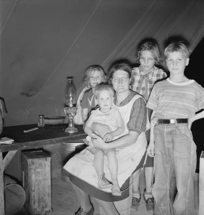 Framed Print : Family of six in tent after supper, FSA mobile unit, Merrill, Klamath County, Oregon, 1939 Creator: Dorothea Lange Framed Print : Family of six in tent after supper, FSA mobile unit, Merrill, Klamath County, Oregon, 1939 Creator: Dorothea Lange