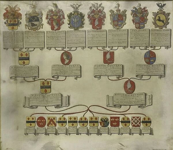 Family tree with the coats of arms of the six children of Jan van de Poll and Margaretha...1738 Creator: Gerrit de Broen