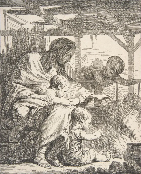 Framed Print : Family Warming Their Hands By a Fire, 18th century. 18th century Framed Print : Family Warming Their Hands By a Fire, 18th century. 18th century