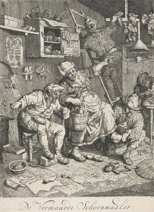 Framed Print : The famous shoemaker. De Vermaarde Schoenmaaker, 1695. Creator: Cornelis Dusart Framed Print : The famous shoemaker. De Vermaarde Schoenmaaker, 1695. Creator: Cornelis Dusart