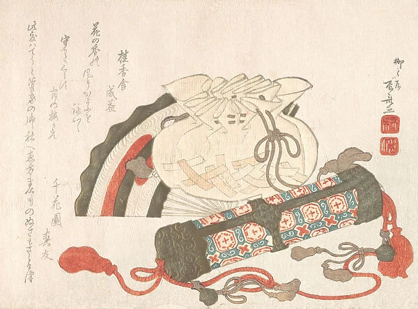 Fan, Bag and Incense-Tube, 19th century. 19th century. Creator: Shinsai