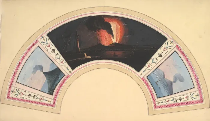 Framed Print : Fan Design with Eruption of Vesuvius and Three Views, 18th century. Creator: Anon