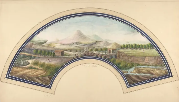 Framed Print : Fan Design with Mount Vesuvius, 19th century. Creator: Unknown Framed Print : Fan Design with Mount Vesuvius, 19th century. Creator: Unknown