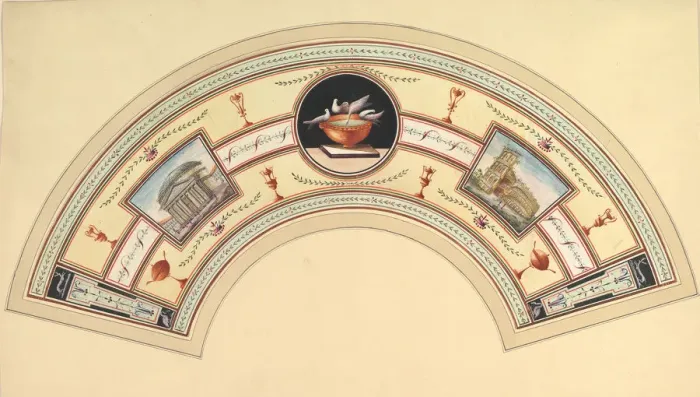 Framed Print : Fan Design with the Pantheon and the Colosseum, 18th century. Creator: Anon Framed Print : Fan Design with the Pantheon and the Colosseum, 18th century. Creator: Anon