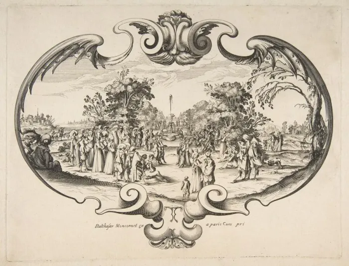 Framed Print : Fan with figures in a garden. Creator: Attributed to Nicolas Cochin (French Framed Print : Fan with figures in a garden. Creator: Attributed to Nicolas Cochin (French