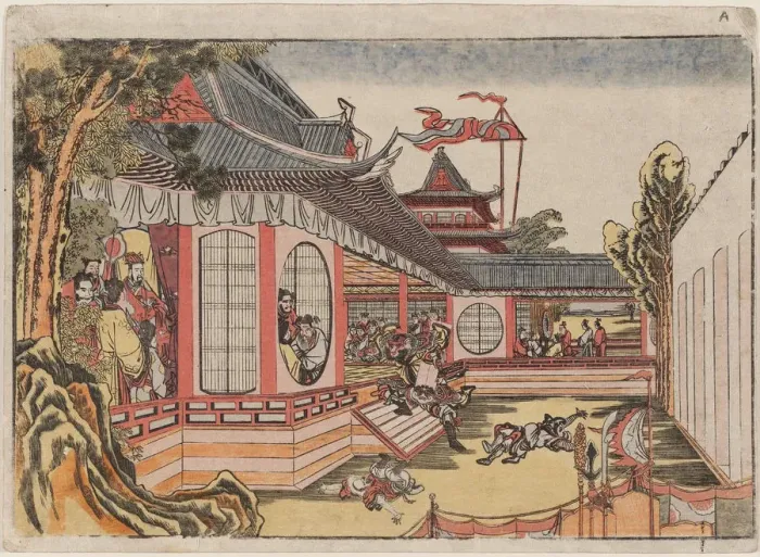 Framed Print : Fan Kuai and the Banquet at Hongmen (Hankai Komon no kai no zu). Artist: Hokusai, Katsushika (1760-1849) Framed Print : Fan Kuai and the Banquet at Hongmen (Hankai Komon no kai no zu). Artist: Hokusai, Katsushika (1760-1849)