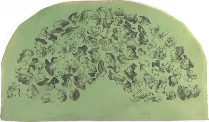 Framed Print : Fan Leaf Decorated with Caricatures and Reversible Heads, early 19th century. early 19th century. Creator: Anon Framed Print : Fan Leaf Decorated with Caricatures and Reversible Heads, early 19th century. early 19th century. Creator: Anon