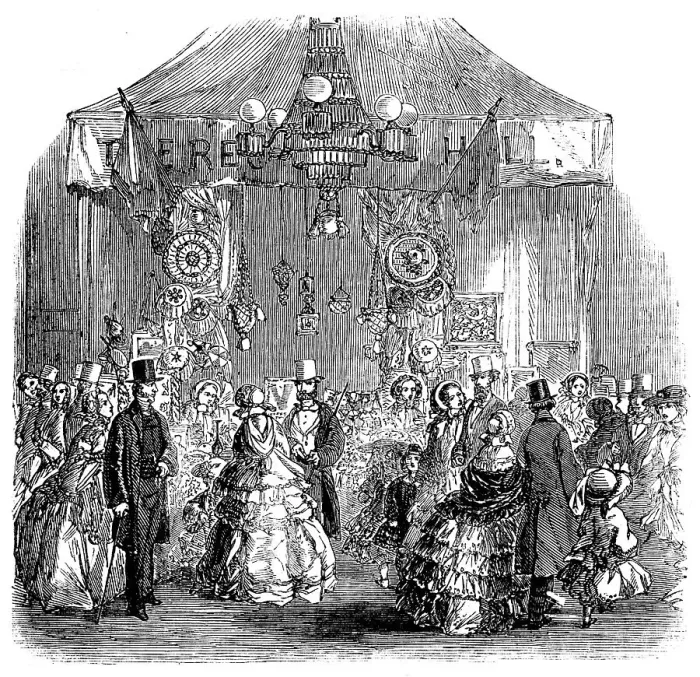Framed Print : Fancy Bazaar recently held in the Townhall, Hadleigh, Suffolk, in aid of the Restoration... 1858. Creator: Unknown