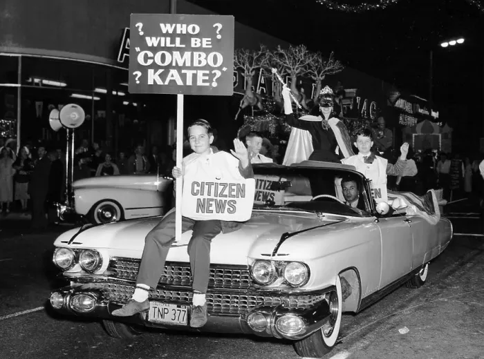 Framed Print : Fancy dress parade with a 1957 Cadillac, USA, (c1957?) Framed Print : Fancy dress parade with a 1957 Cadillac, USA, (c1957?)