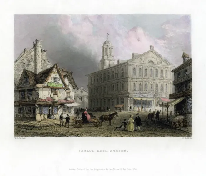 Framed Print : Faneul Hall, Boston, Massachusetts, USA, 1838. Artist: H Griffiths Framed Print : Faneul Hall, Boston, Massachusetts, USA, 1838. Artist: H Griffiths