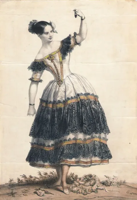 Framed Print : Fanny Elssler as Florinda in the dance La Cachucha (ballet Le Diable boiteux), 1836. Artist: Deveria, Achille (1800-1857) Framed Print : Fanny Elssler as Florinda in the dance La Cachucha (ballet Le Diable boiteux), 1836. Artist: Deveria, Achille (1800-1857)