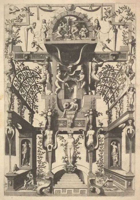 Framed Print : Fantastic Architecture Structure with Strapwork and Two Pergolas