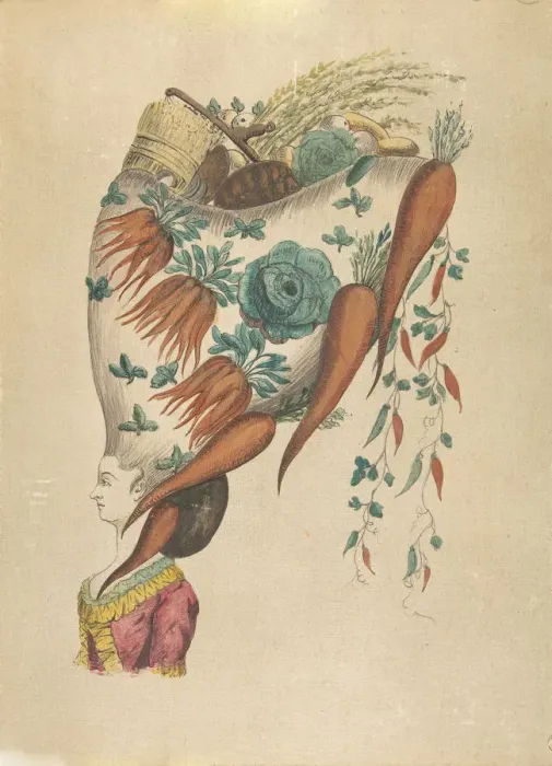 Framed Print : Fantastic Hairdress with Fruit and Vegetable Motif, 18th century. Creator: Anon Framed Print : Fantastic Hairdress with Fruit and Vegetable Motif, 18th century. Creator: Anon