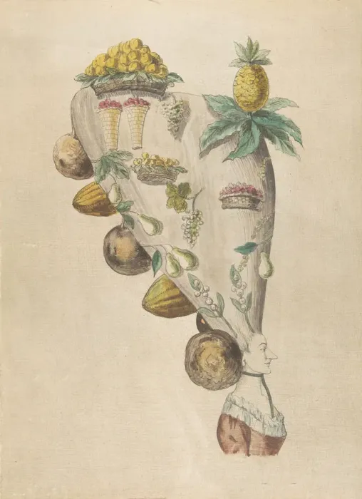 Framed Print : Fantastic Hairdresses with Fruit and Vegetable Motifs, 18th century. Creator: Anon Framed Print : Fantastic Hairdresses with Fruit and Vegetable Motifs, 18th century. Creator: Anon