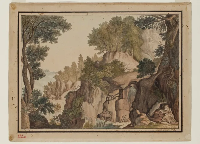 Framed Print : Fantastic Landscape with a Hermit, 1793. Creator: Felix Cavalli Framed Print : Fantastic Landscape with a Hermit, 1793. Creator: Felix Cavalli