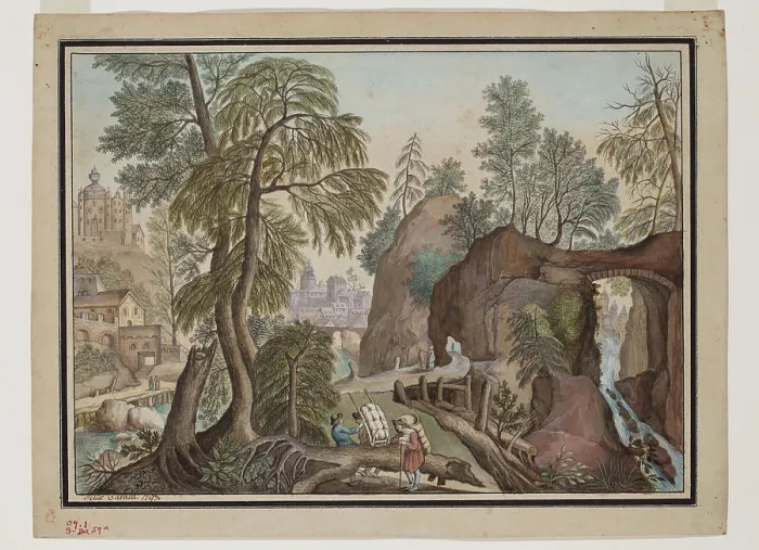 Framed Print : Fantastic Landscape with Peddlars, 1793. Creator: Felix Cavalli Framed Print : Fantastic Landscape with Peddlars, 1793. Creator: Felix Cavalli