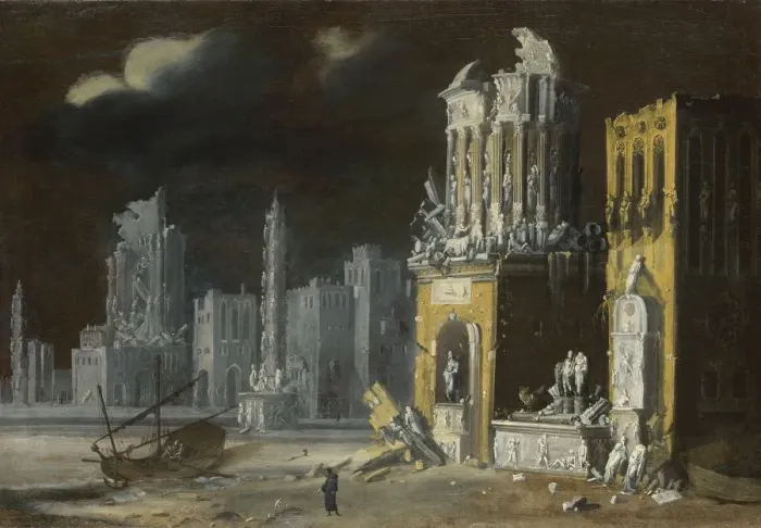 Framed Print : Fantastic Ruins with Saint Augustine and the Child, 1623. Artist: Nome, Francois de (1593-after 1630) Framed Print : Fantastic Ruins with Saint Augustine and the Child, 1623. Artist: Nome, Francois de (1593-after 1630)