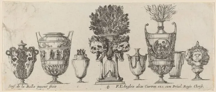 Framed Print : Fantastic Vases, probably 1646. Creator: Stefano della Bella Framed Print : Fantastic Vases, probably 1646. Creator: Stefano della Bella