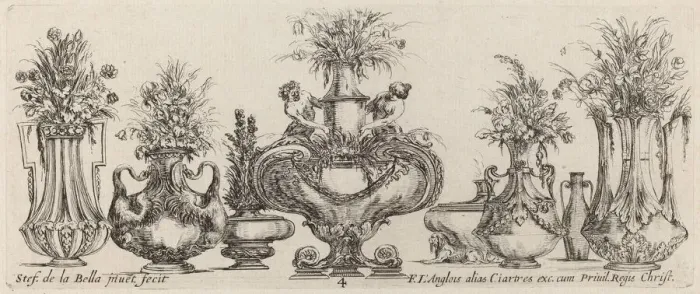 Framed Print : Fantastic Vases, probably 1646. Creator: Stefano della Bella Framed Print : Fantastic Vases, probably 1646. Creator: Stefano della Bella
