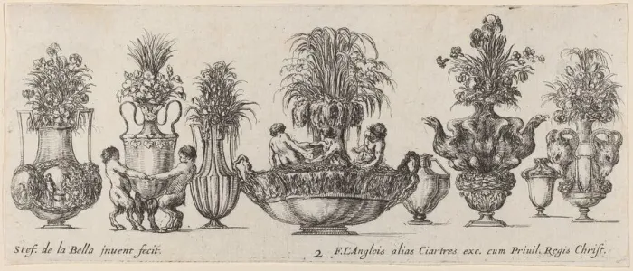 Framed Print : Fantastic Vases, probably 1646. Creator: Stefano della Bella Framed Print : Fantastic Vases, probably 1646. Creator: Stefano della Bella