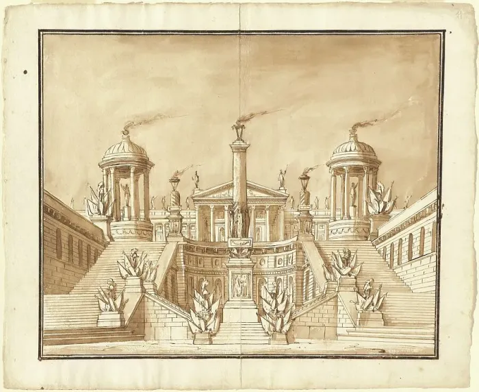 Framed Print : Fantasy of an Ancient Capitol with Trophies and Grand Staircases, c. 1800. Creator: Pietro Gonzaga Framed Print : Fantasy of an Ancient Capitol with Trophies and Grand Staircases, c. 1800. Creator: Pietro Gonzaga