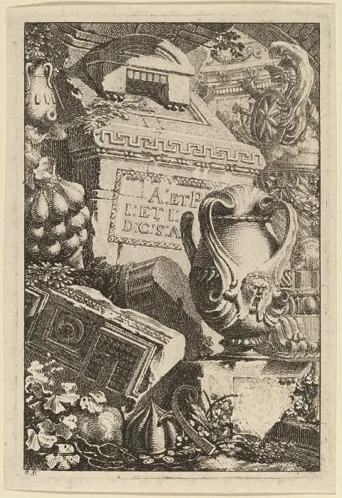 Framed Print : Fantasy of an Antique Tomb with Fragments of Architecture and Sculpture, 1770 / 1780. Creator: Karl Schutz Framed Print : Fantasy of an Antique Tomb with Fragments of Architecture and Sculpture, 1770 / 1780. Creator: Karl Schutz