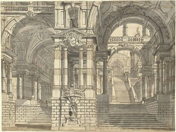 Fantasy of Magnificent Courtyards and Loggie with a Monumental Staircase, early 1770s. Creator: Pietro Gonzaga
