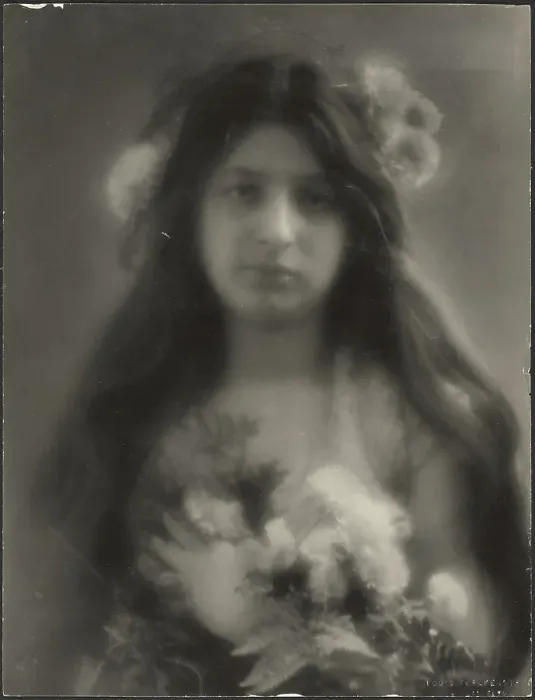 Framed Print : A Fantasy (Portrait of a Young Woman with Flowers), 1907-1924. Creator: Louis Fleckenstein Framed Print : A Fantasy (Portrait of a Young Woman with Flowers), 1907-1924. Creator: Louis Fleckenstein