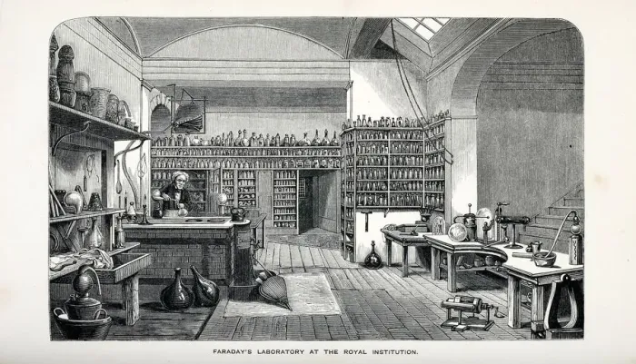 Framed Print : Faradays Laboratory at the Royal Institution, pub. 1870. Creator: English School (19th Century) Framed Print : Faradays Laboratory at the Royal Institution, pub. 1870. Creator: English School (19th Century)