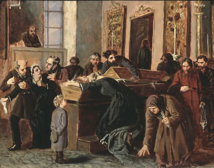 Framed Print : A farewell to the Dead, 1878. Artist: Volkov, Iosif Petrovich (1854-after 1897) Framed Print : A farewell to the Dead, 1878. Artist: Volkov, Iosif Petrovich (1854-after 1897)