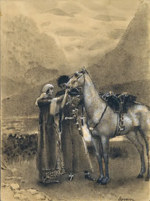 Framed Print : Farewell of Zara with Ismail. Illustration to the poem Ismail Bey by Mikhail Lermontov, 1890-1891. Artist: Vrubel, Mikhail Alexandrovich (1856-1910) Framed Print : Farewell of Zara with Ismail. Illustration to the poem Ismail Bey by Mikhail Lermontov, 1890-1891. Artist: Vrubel, Mikhail Alexandrovich (1856-1910)