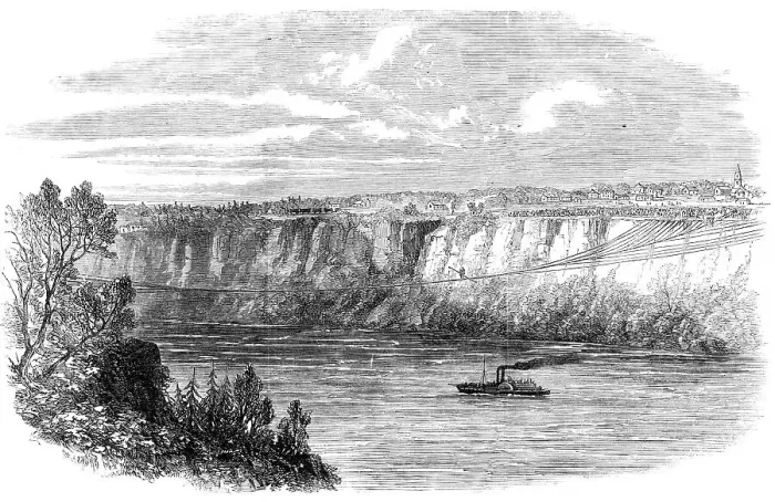 Framed Print : Farina, with a man on his back, crossing the Niagara on a tightrope... August 29, 1860. Creator: Unknown Framed Print : Farina, with a man on his back, crossing the Niagara on a tightrope... August 29, 1860. Creator: Unknown