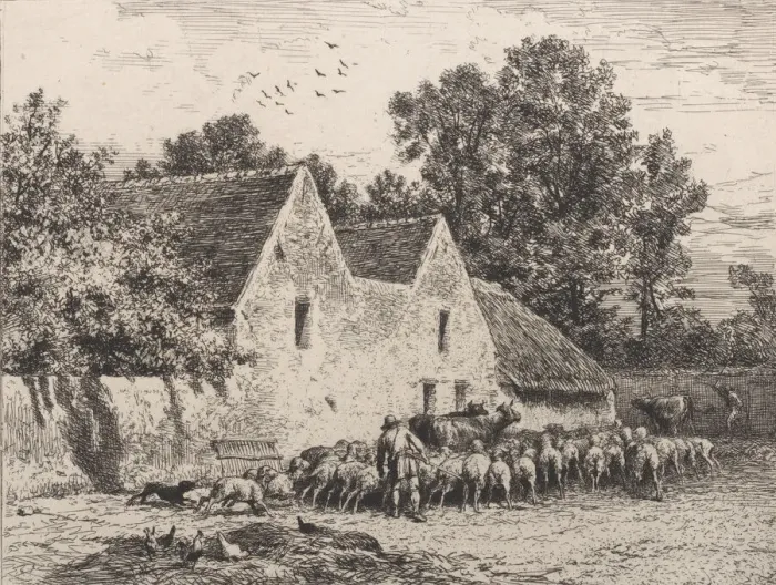 Framed Print : A Farm, 1864. Creator: Charles Emile Jacque Framed Print : A Farm, 1864. Creator: Charles Emile Jacque