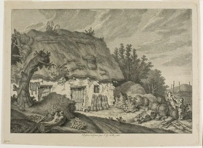 Framed Print : A Farm Cottage, 1766. Creator: Johann Georg Wille Framed Print : A Farm Cottage, 1766. Creator: Johann Georg Wille