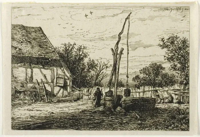 Framed Print : Well in a Farm Courtyard, 1845. Creator: Charles Emile Jacque Framed Print : Well in a Farm Courtyard, 1845. Creator: Charles Emile Jacque