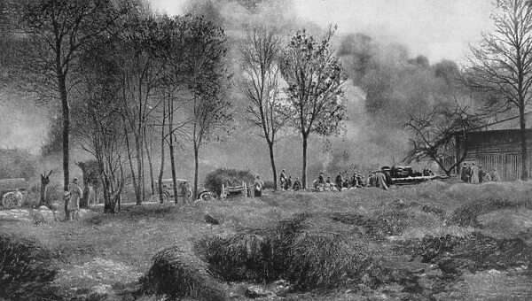 A farm on fire from German incendiary bombs, Artois, France, World War I, 1915