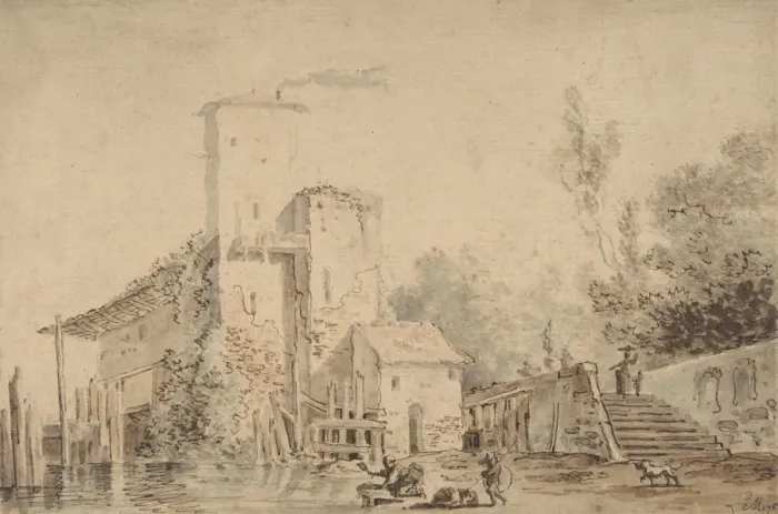 Framed Print : Farm House by a River with Figures, 1765. Creator: Louis Gabriel Moreau Framed Print : Farm House by a River with Figures, 1765. Creator: Louis Gabriel Moreau