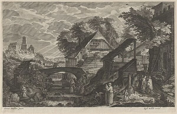 Farm Houses by a River with a City Beyond, 1610 / 1615. Creators: Aegidius Sadeler II, Pieter Stevens